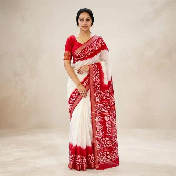 Batik_Print_Saree_With_Red_And_White_Floral_Pattern_6_Metres