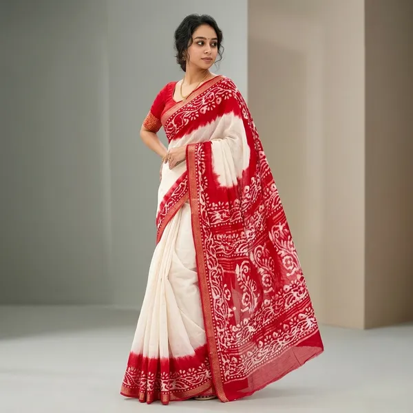 Batik_Print_Saree_With_Red_And_White_Floral_Pattern_6_Metres