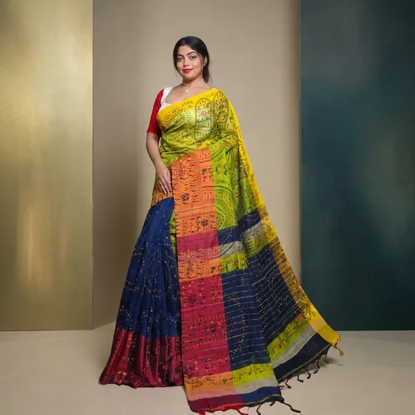 Handloom_Cotton_Silk_Mahapaar_Madhubani_Printed_Saree_For_All_Occation