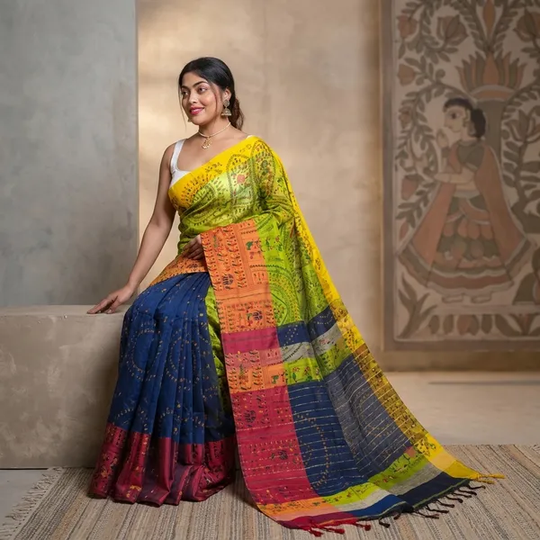 Handloom_Cotton_Silk_Mahapaar_Madhubani_Printed_Saree_For_All_Occation