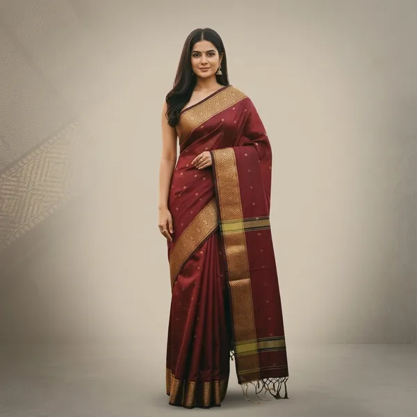 Women_S_Handloom_Cotton_Silk_Maheswari_Saree_Ethnic_Wear_With_Running_Unstitched_Blouse_Piece_Free_Size_Maroon