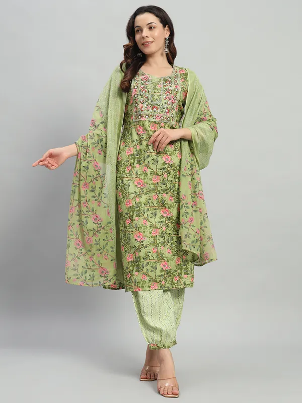 Green_Floral_Print_Kurta,_Patiala_&_Dupatta_Set_For_Women