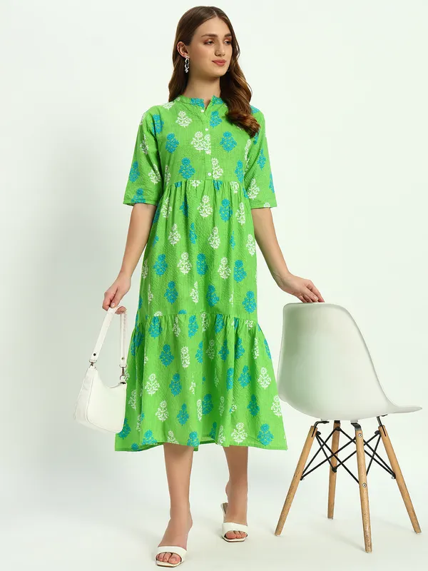 Green_Printed_Pure_Cotton_Katha_Work_Flared_Kurta_For_Women