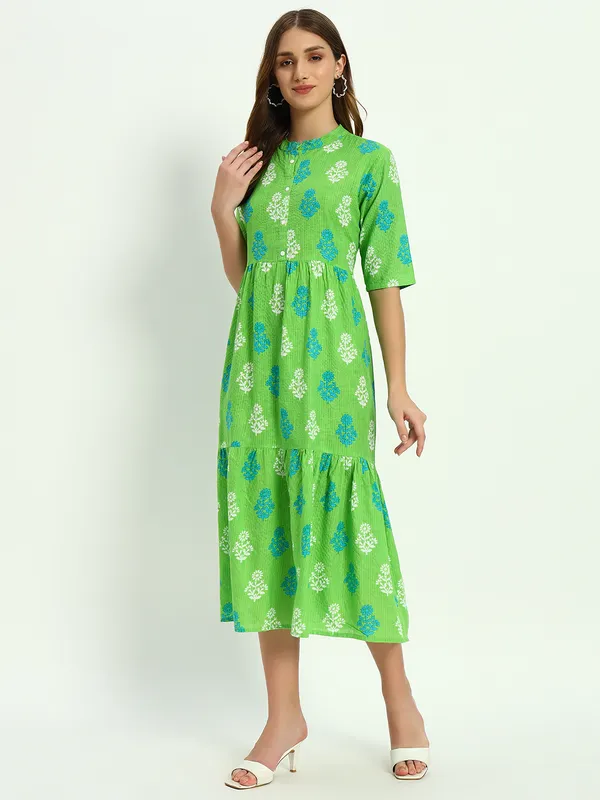 Green_Printed_Pure_Cotton_Katha_Work_Flared_Kurta_For_Women