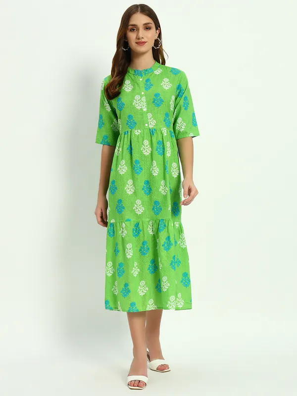 Green_Printed_Pure_Cotton_Katha_Work_Flared_Kurta_For_Women
