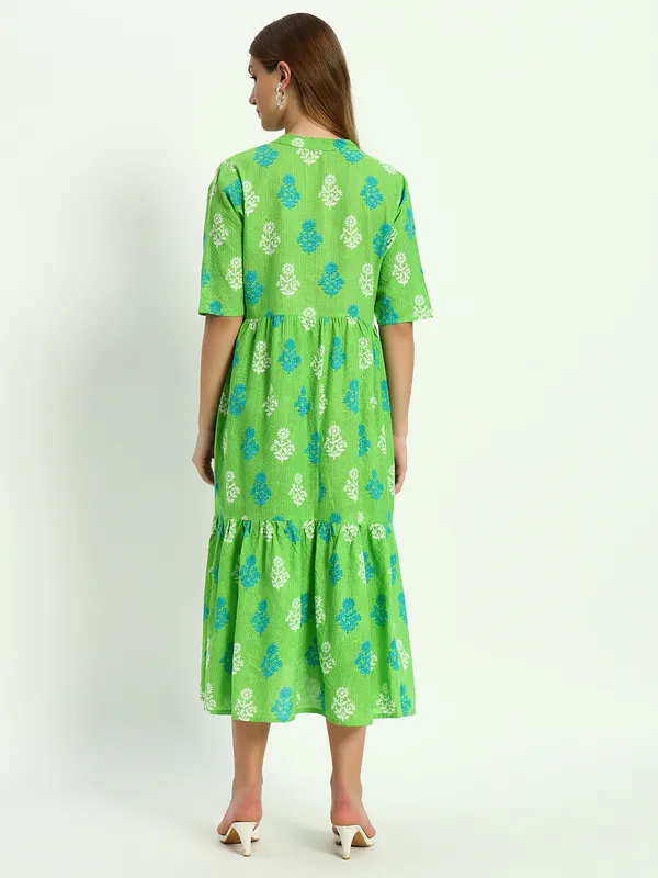 Green_Printed_Pure_Cotton_Katha_Work_Flared_Kurta_For_Women