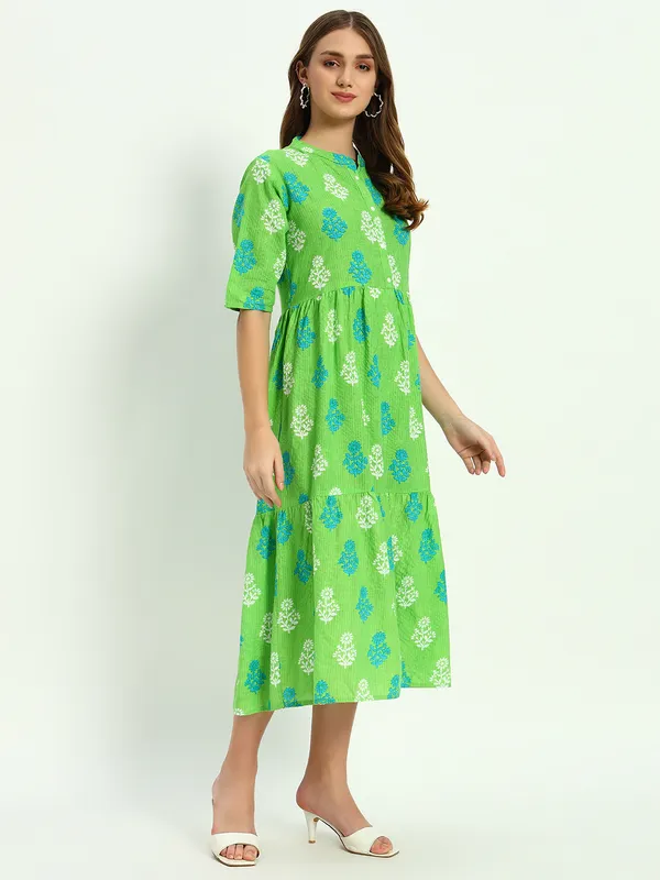 Green_Printed_Pure_Cotton_Katha_Work_Flared_Kurta_For_Women