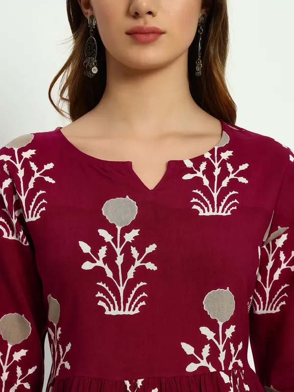 Wine_Printed_Viscose_Rayon_Flared_Kurta_For_Women