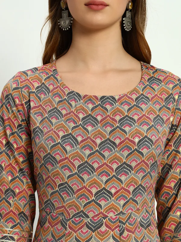 Brown_Printed_Viscose_Rayon_Flared_Kurta_For_Women