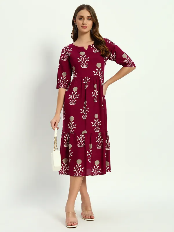 Wine_Printed_Viscose_Rayon_Flared_Kurta_For_Women