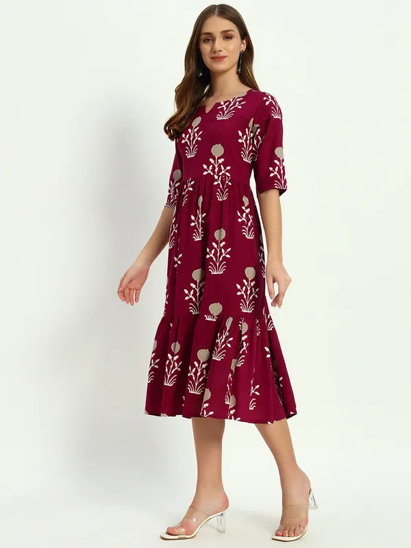 Wine_Printed_Viscose_Rayon_Flared_Kurta_For_Women