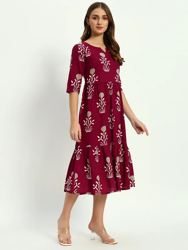 Wine_Printed_Viscose_Rayon_Flared_Kurta_For_Women