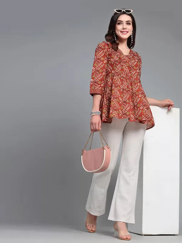 Red_Printed_Viscose_Rayon_Flared_Kurta_For_Women