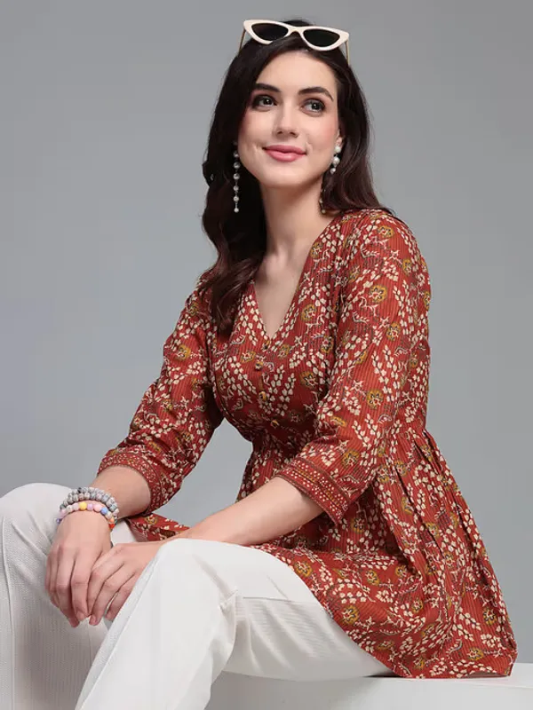 Red_Printed_Viscose_Rayon_Flared_Kurta_For_Women
