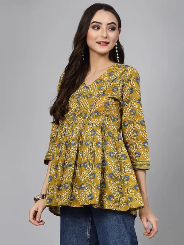 Yellow_Printed_Viscose_Rayon_Flared_Kurta_For_Women