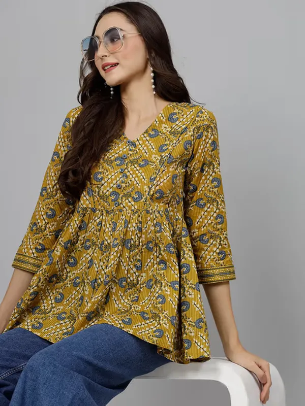 Yellow_Printed_Viscose_Rayon_Flared_Kurta_For_Women