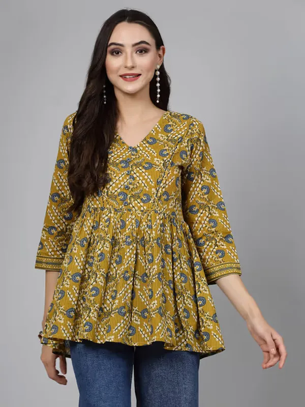 Yellow_Printed_Viscose_Rayon_Flared_Kurta_For_Women