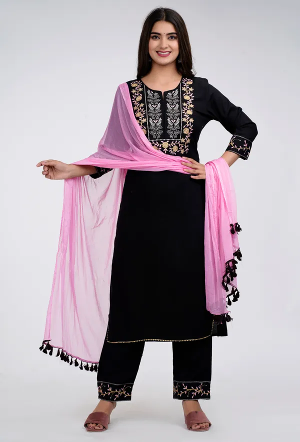 Black_Rayon_Embroidery_Kurta_Pant_Dupatta_Set_For_Women