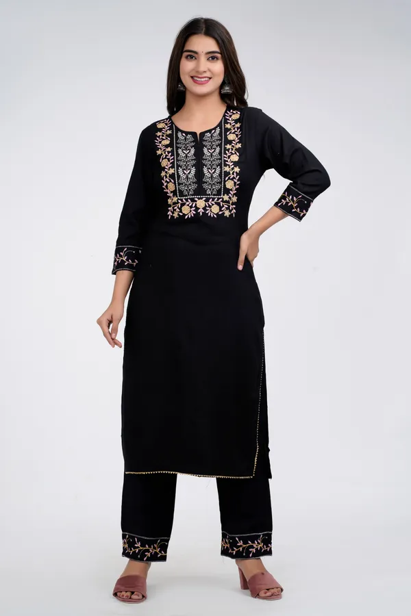 Black_Rayon_Embroidery_Kurta_Pant_Dupatta_Set_For_Women