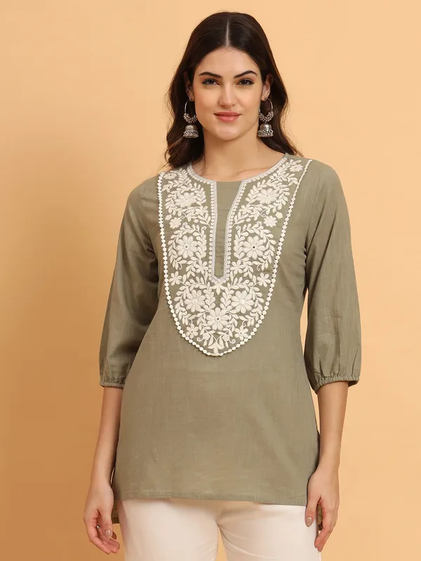 Mehandi_Solid_Pure_Cotton_Straight_Top_For_Women