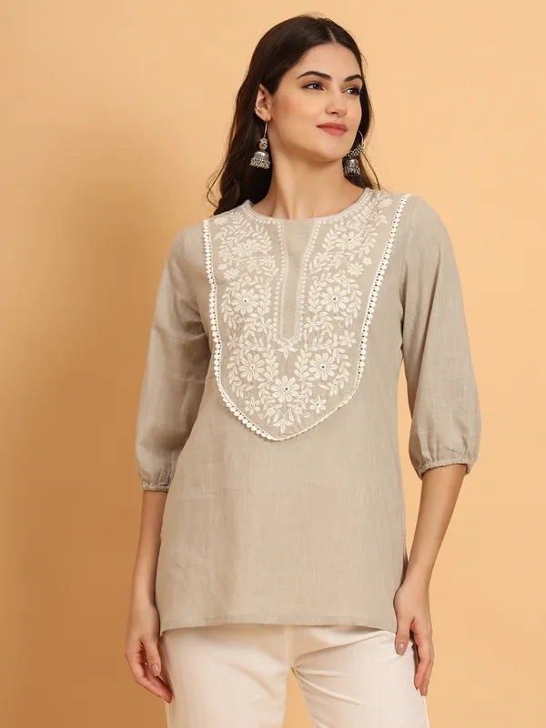 Cream_Solid_Pure_Cotton_Straight_Top_For_Women