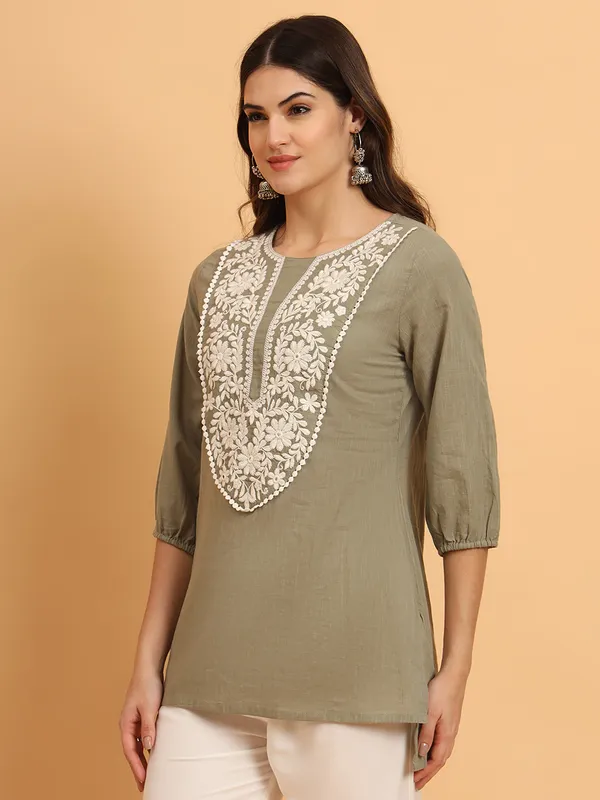 Mehandi_Solid_Pure_Cotton_Straight_Top_For_Women