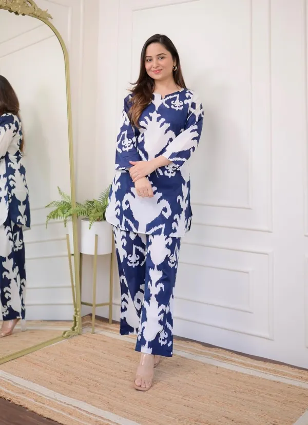 Blue_Viscose_Rayon_Ethnic_Top_Pyjama_Set_For_Women