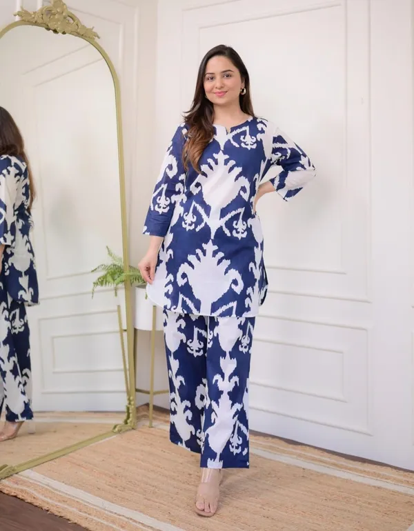 Blue_Viscose_Rayon_Ethnic_Top_Pyjama_Set_For_Women