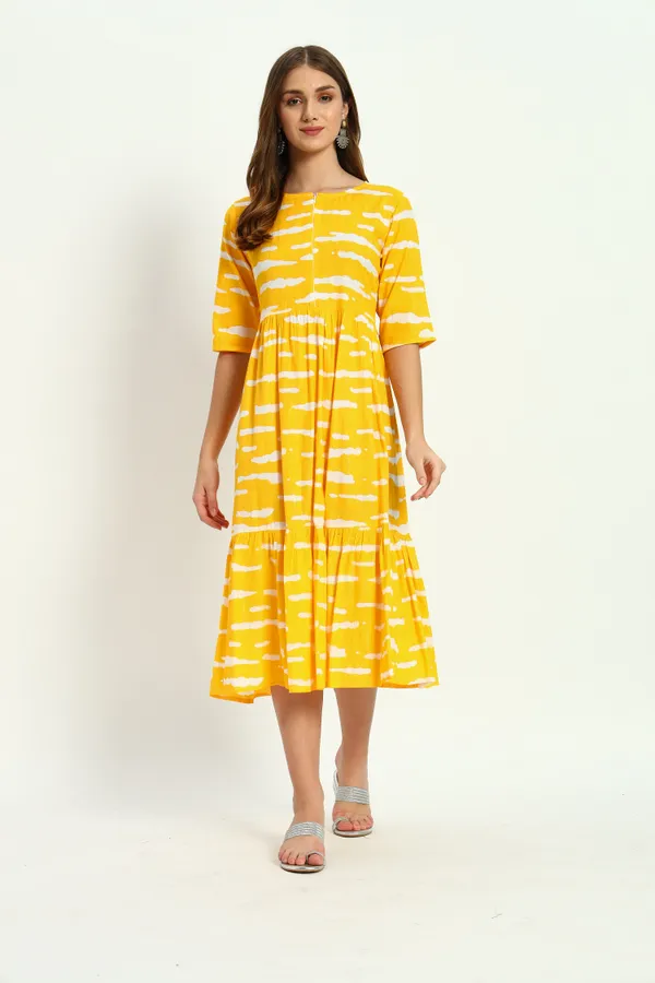 Yellow_Tye_Dye_Printed_Round_Neck_Zip_Open_Flared_Kurta_For_Women