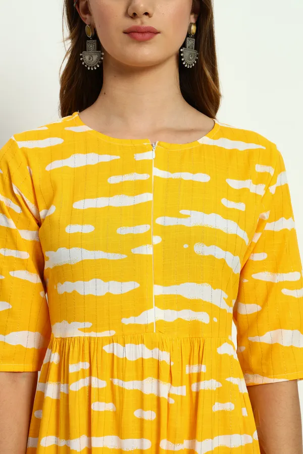 Yellow_Tye_Dye_Printed_Round_Neck_Zip_Open_Flared_Kurta_For_Women