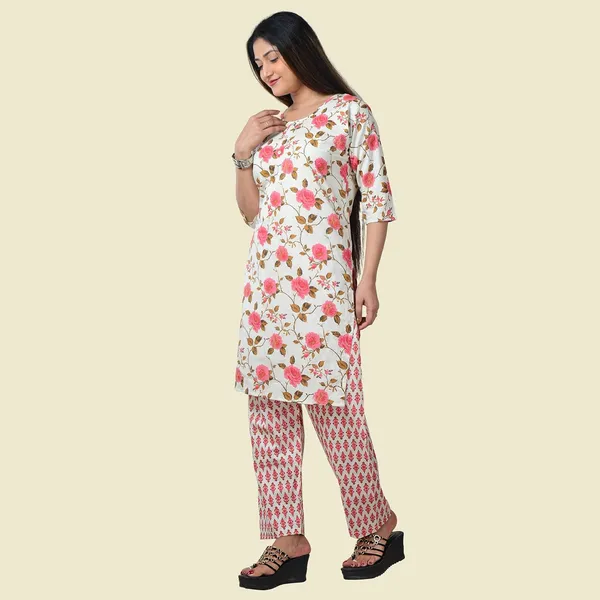 White_And_Pink_Cotton_Premium_Kurti_With_Pant_Set_For_Women