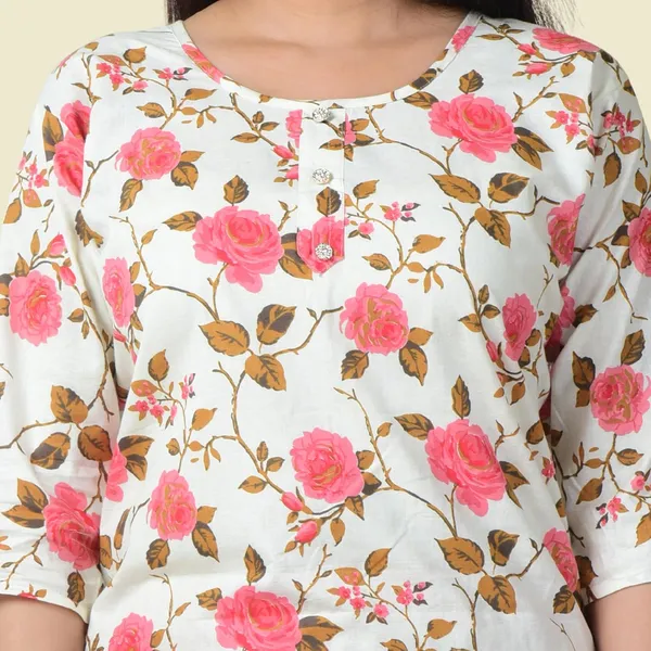 White_And_Pink_Cotton_Premium_Kurti_With_Pant_Set_For_Women