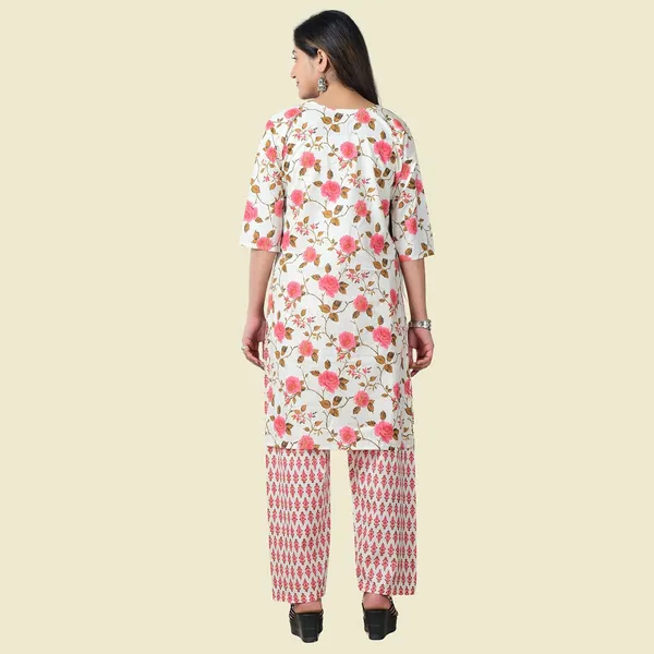White_And_Pink_Cotton_Premium_Kurti_With_Pant_Set_For_Women