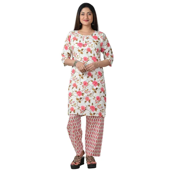 White_And_Pink_Cotton_Premium_Kurti_With_Pant_Set_For_Women
