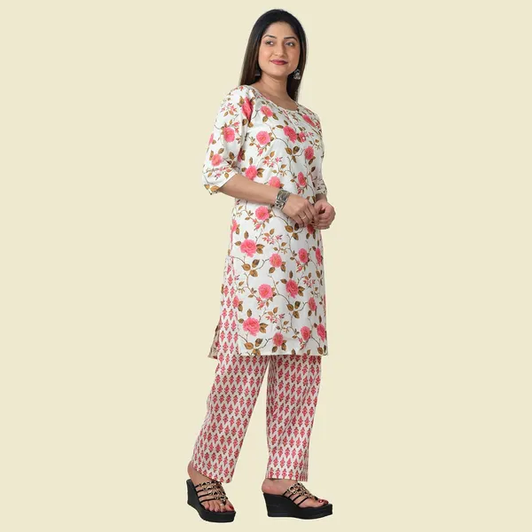 White_And_Pink_Cotton_Premium_Kurti_With_Pant_Set_For_Women