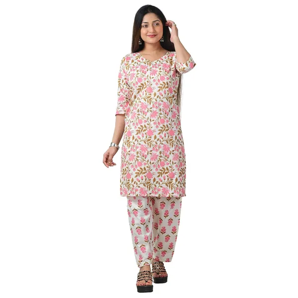 Pink_And_White_Cotton_Premium_Kurti_With_Pant_Set_For_Women