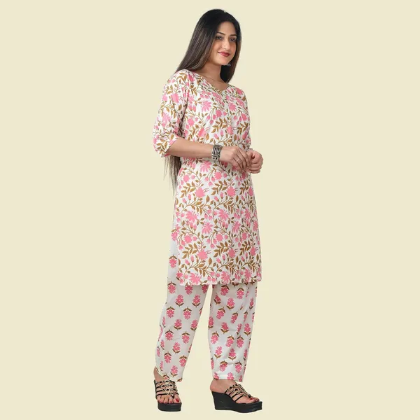 Pink_And_White_Cotton_Premium_Kurti_With_Pant_Set_For_Women