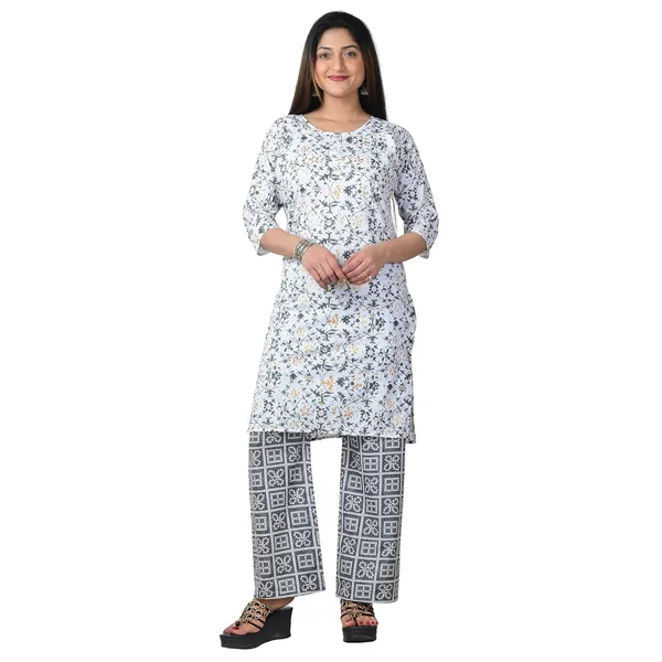 White_And_Grey_Cotton_Premium_Kurti_With_Pant_Set_For_Women
