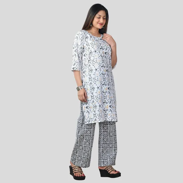 White_And_Grey_Cotton_Premium_Kurti_With_Pant_Set_For_Women