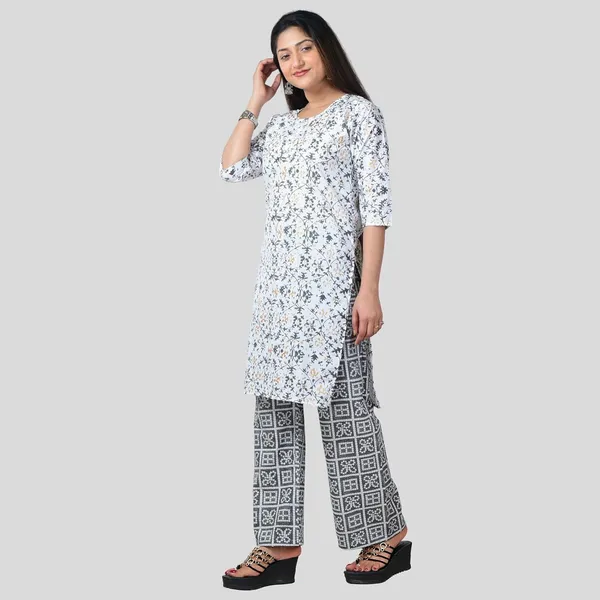 White_And_Grey_Cotton_Premium_Kurti_With_Pant_Set_For_Women