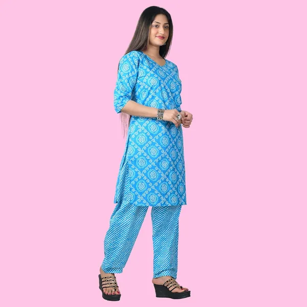Sky_Blue_Cotton_Premium_Kurti_With_Pant_Set_For_Women
