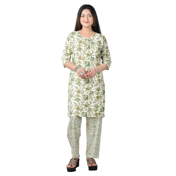 Green_And_White_Cotton_Premium_Kurti_With_Pant_Set_For_Women