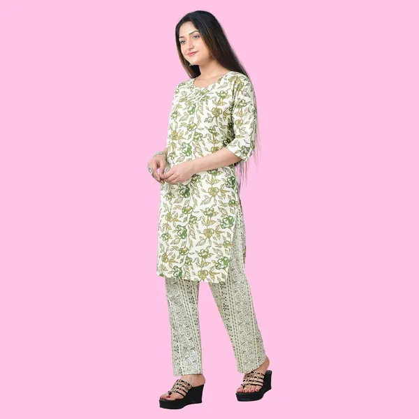 Green_And_White_Cotton_Premium_Kurti_With_Pant_Set_For_Women