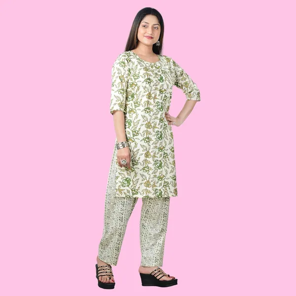 Green_And_White_Cotton_Premium_Kurti_With_Pant_Set_For_Women