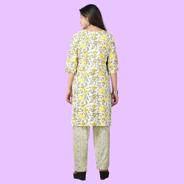 Yellow_And_White_Cotton_Premium_Kurti_With_Pant_Set_For_Women