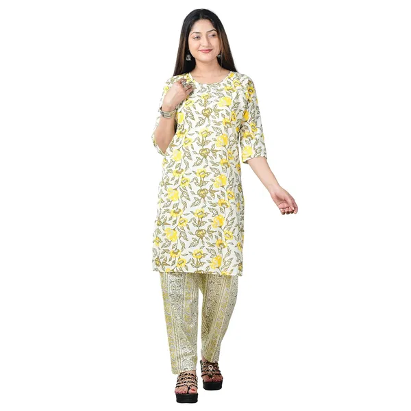Yellow_And_White_Cotton_Premium_Kurti_With_Pant_Set_For_Women