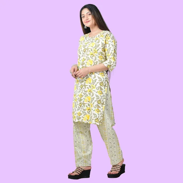 Yellow_And_White_Cotton_Premium_Kurti_With_Pant_Set_For_Women