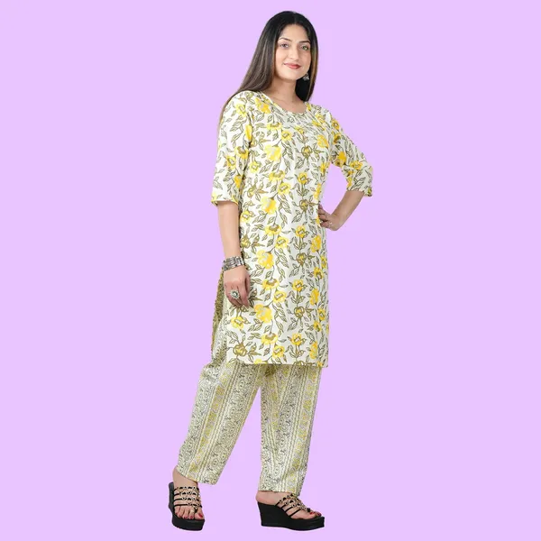 Yellow_And_White_Cotton_Premium_Kurti_With_Pant_Set_For_Women