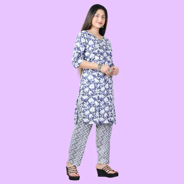 Blue_And_White_Cotton_Premium_Kurti_With_Pant_Set_For_Women