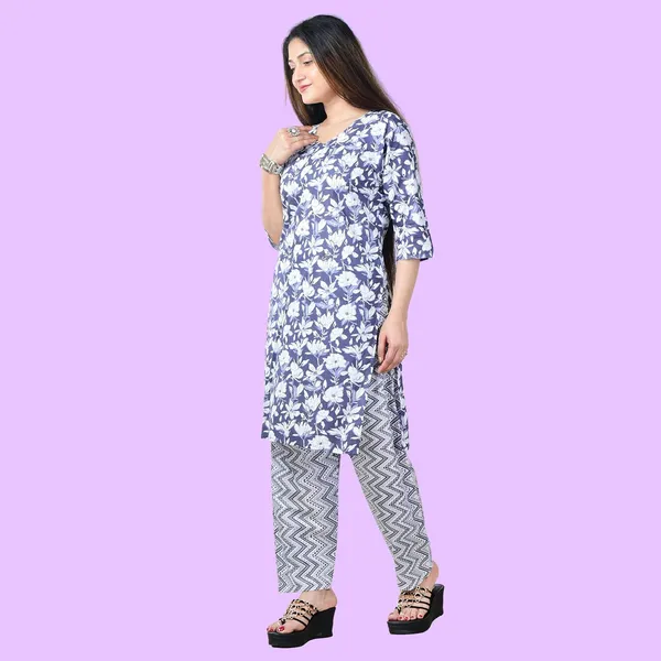 Blue_And_White_Cotton_Premium_Kurti_With_Pant_Set_For_Women